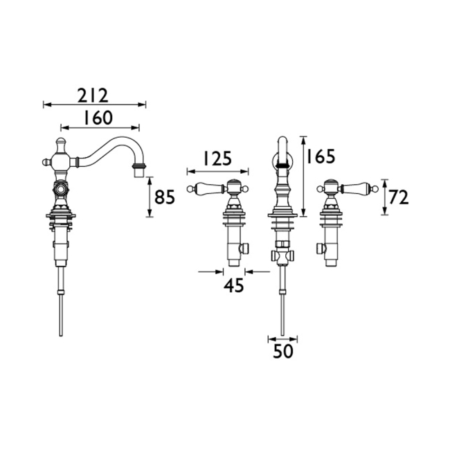 Heritage Glastonbury 3-Hole Swivel Spout Basin Mixer Tap with Pop Up Waste - Vintage Gold  | Dimension Image