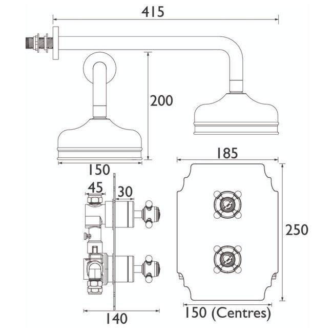 Heritage Hartlebury Dual Concealed Mixer Shower with Fixed Head - Chrome  | Dimension Image