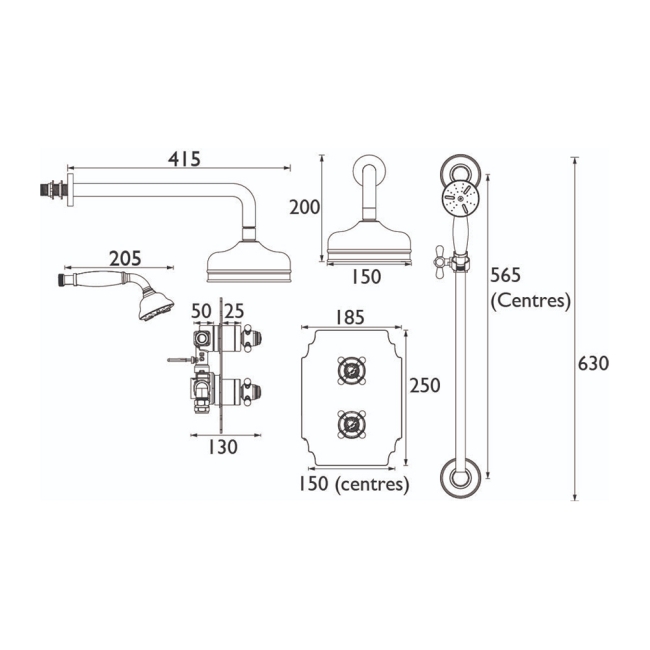 Heritage Hartlebury Dual Concealed Mixer Shower with Shower Kit + Fixed Head - Chrome  | Dimension Image