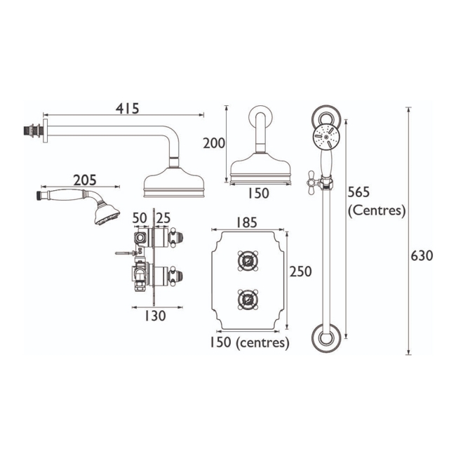 Heritage Hartlebury Dual Concealed Mixer Shower with Shower Kit + Fixed Head - Vintage Gold  | Dimension Image