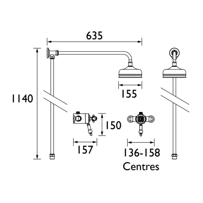 Heritage Hartlebury Exposed Mixer Shower with  Premium Fixed Riser Kit - Chrome  | Dimension Image