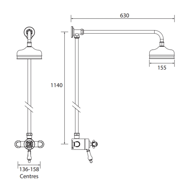 Heritage Hartlebury Exposed Mixer Shower with  Premium Fixed Riser Kit - Vintage Gold  | Dimension Image