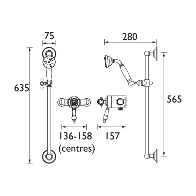 Heritage Hartlebury Exposed Mixer Shower with Shower Kit - Vintage Gold  | Dimension Image