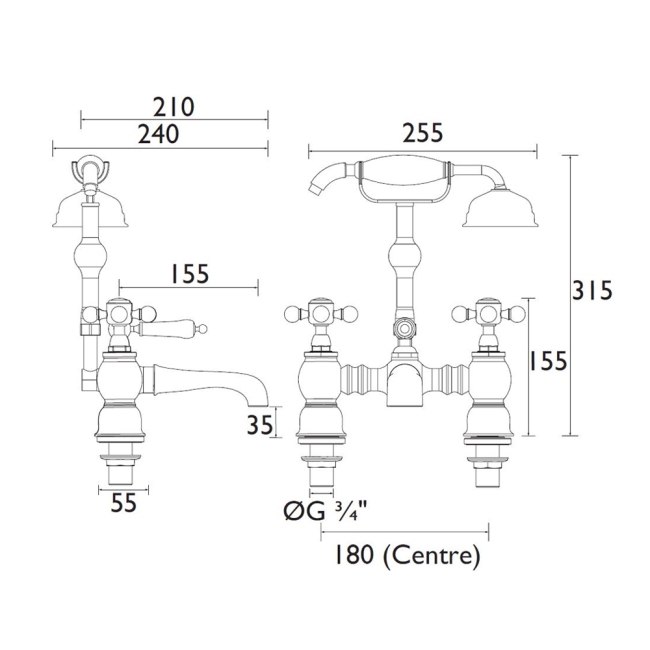 Heritage Hartlebury Bath Shower Mixer Tap - Vintage Gold  | Dimension Image