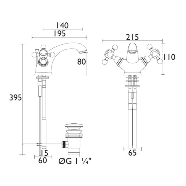 Heritage Hartlebury Basin Mixer Tap - Vintage Gold  | Dimension Image