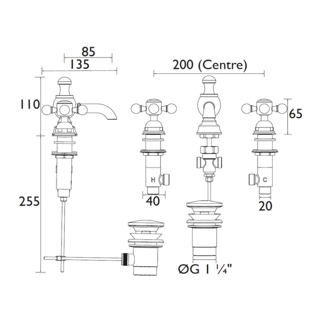 Heritage Hartlebury 3-Hole Basin Mixer Tap with Pop Up Waste - Vintage Gold  | Dimension Image