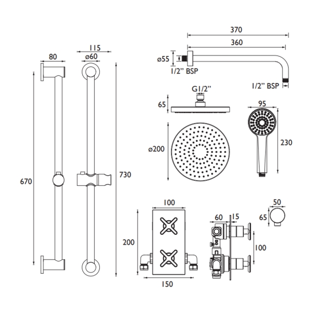 Heritage Salcombe Dual Concealed Mixer Shower with Shower Kit + Fixed Head - Chrome  | Dimension Image