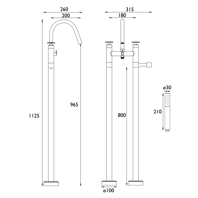 Heritage Salcombe Freestanding Bath Shower Mixer Tap - Matt Black  | Dimension Image