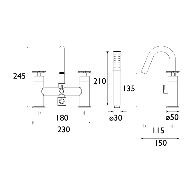 Heritage Salcombe Bath Shower Mixer Tap - Chrome  | Dimension Image