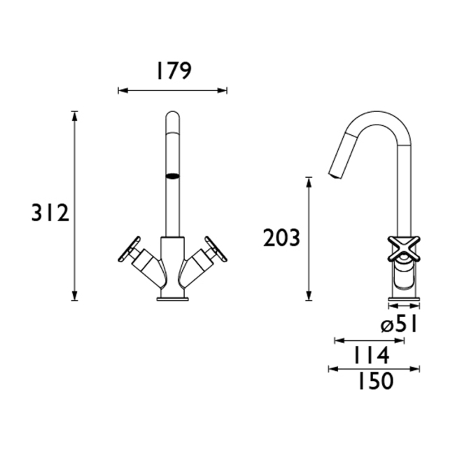 Heritage Salcombe Basin Mixer Tap - Chrome  | Dimension Image