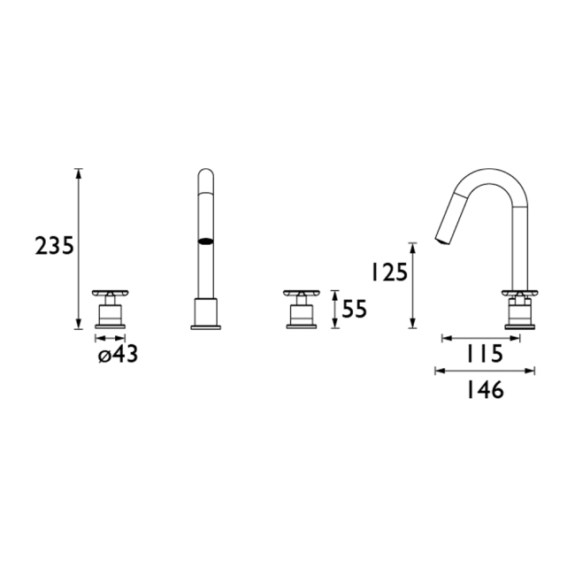Heritage Salcombe 3-Hole Basin Mixer Tap - Chrome  | Dimension Image