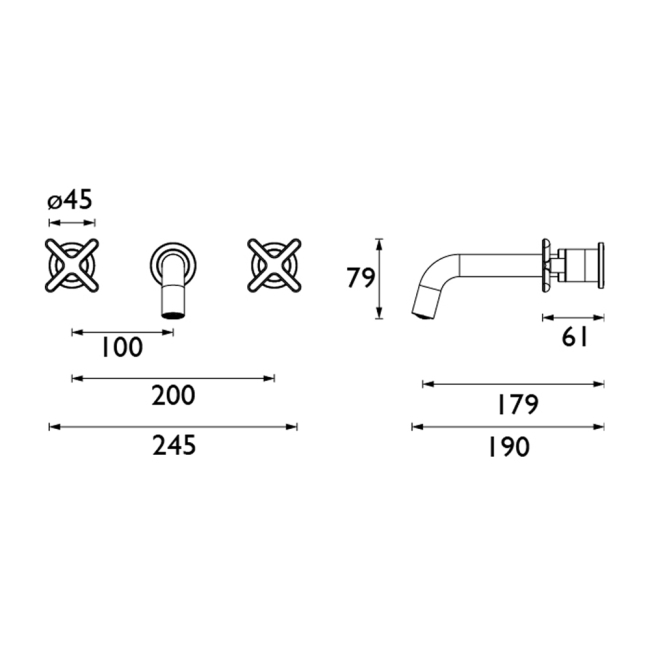 Heritage Salcombe 3-Hole Wall Mounted Basin Mixer Tap - Chrome  | Dimension Image