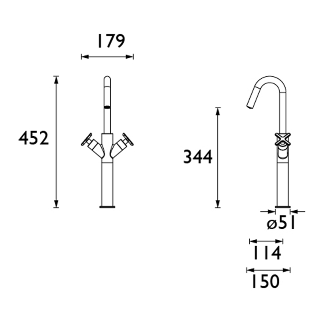 Heritage Salcombe Tall Basin Mixer Tap - Matt Black  | Dimension Image