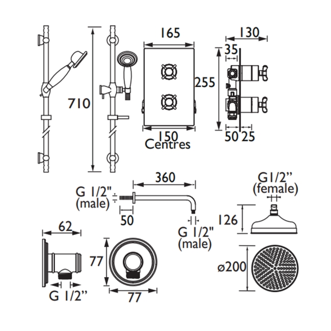 Heritage Trinity Dual Concealed Mixer Shower with Shower Kit + Fixed Head - Chrome  | Dimension Image