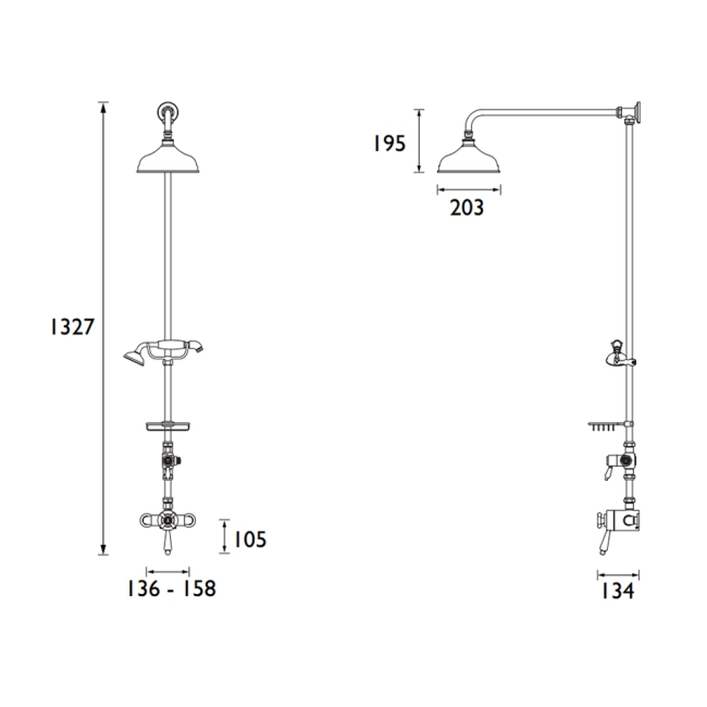 Heritage Trinity Exposed Mixer Shower with Fixed Riser Kit & Diverter to Handset - Chrome  | Dimension Image