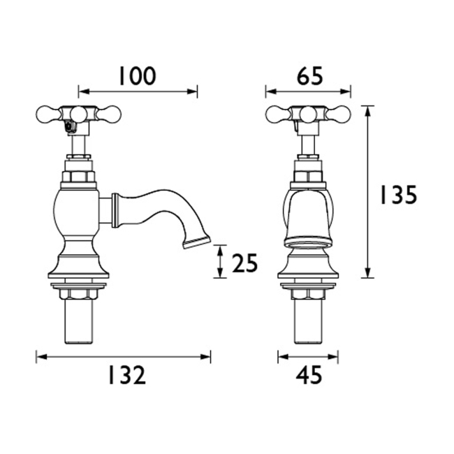 Heritage Trinity Basin Taps Pair - Chrome  | Dimension Image
