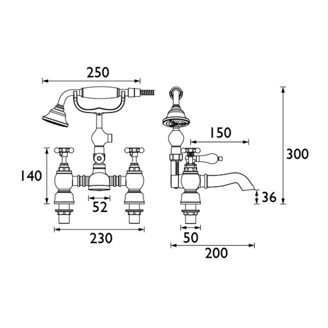 Heritage Trinity Bath Shower Mixer Tap - Chrome  | Dimension Image