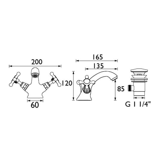 Heritage Trinity Basin Mixer Tap with Pop up Waste - Chrome  | Dimension Image