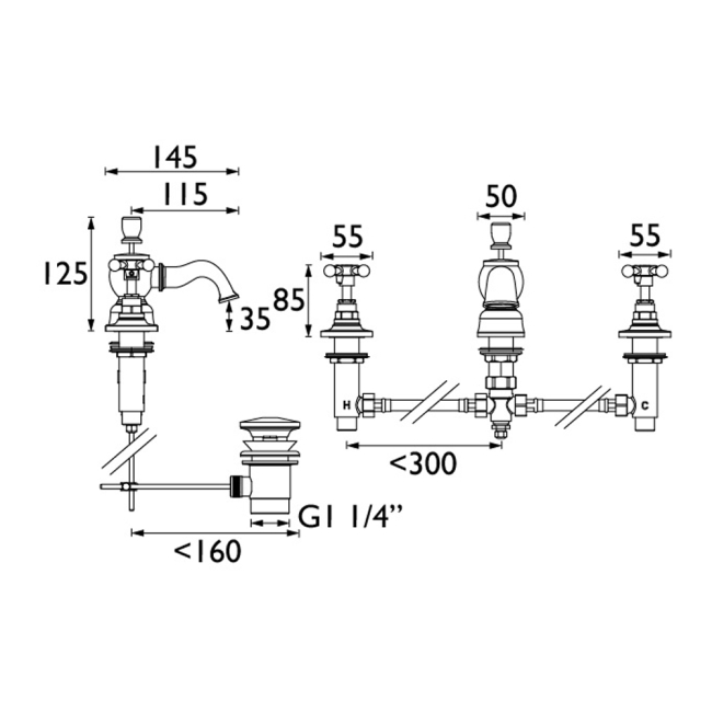 Heritage Trinity 3-Hole Basin Mixer Tap with Pop up Waste - Chrome  | Dimension Image