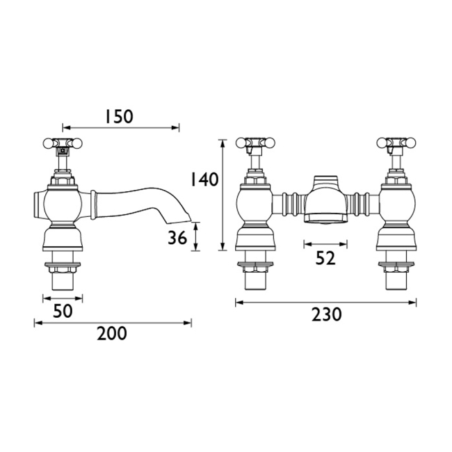 Heritage Trinity Bath Filler Tap - Chrome  | Dimension Image