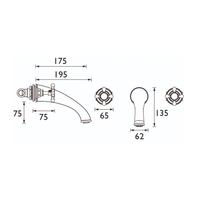 Heritage Trinity 3-Hole Wall Mounted Bath Filler Tap - Chrome  | Dimension Image