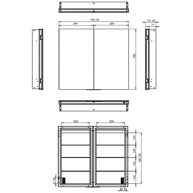 HiB Atrium 80 LED Double Door Semi-Recessed Bathroom Cabinet 700mm H x 800mm W