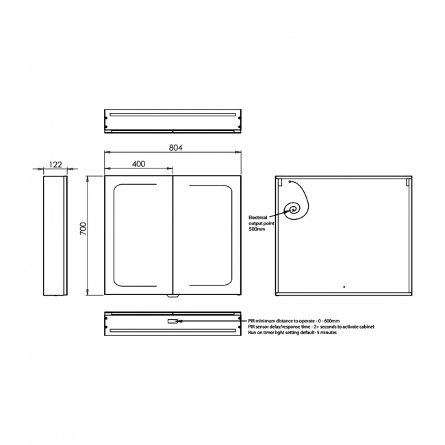 HiB Vapor 80 Aluminium LED Double Door Bathroom Cabinet 700mm H x 804mm W x 122mm D