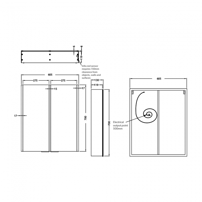 HiB Xenon 60 Aluminium Double Door Bathroom Cabinet with vertical LED 700mm H x 605mm W x 130mm D
