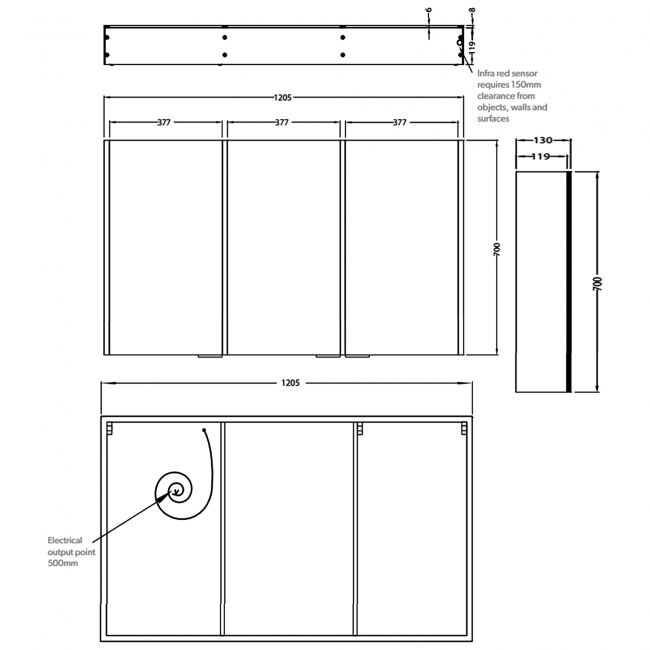 HiB Xenon 120 Aluminium Triple Door Bathroom Cabinet with Vertical LED 700H x 1205mm W x 130mm D