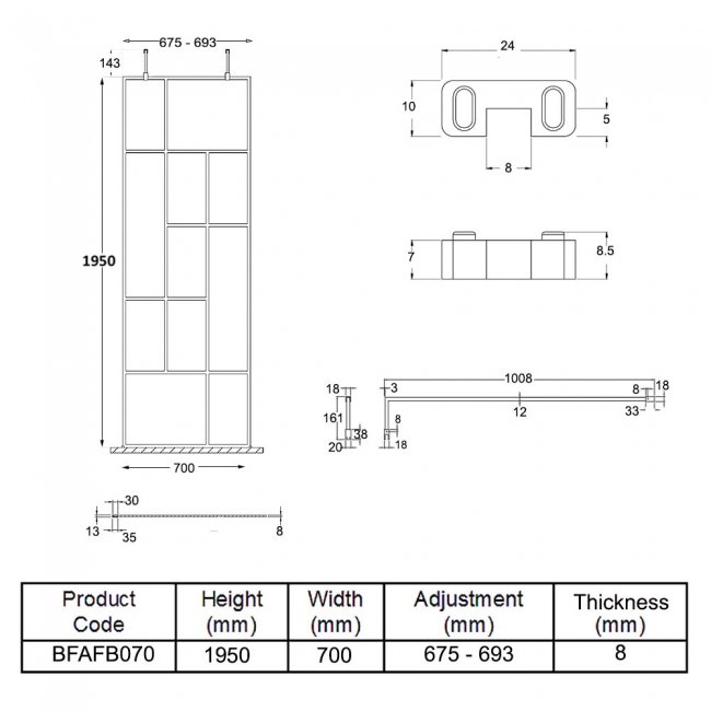 Hudson Reed Abstract Frame Wetroom Screen with Support Bars 700mm Wide - 8mm Glass