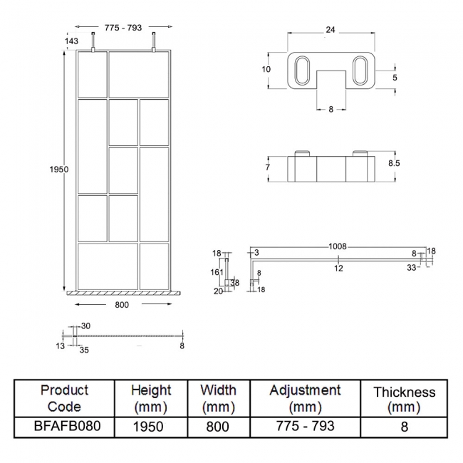 Hudson Reed Abstract Frame Wetroom Screen with Support Bars 800mm Wide - 8mm Glass
