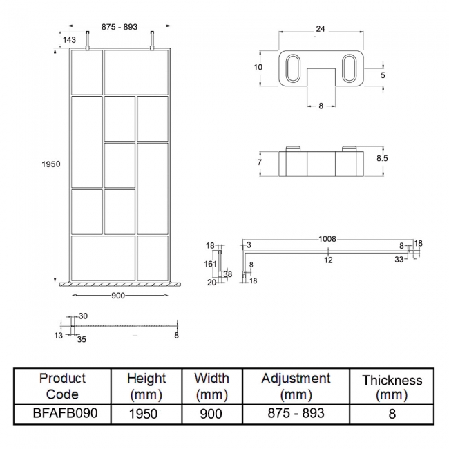 Hudson Reed Abstract Frame Wetroom Screen with Support Bars 900mm Wide - 8mm Glass