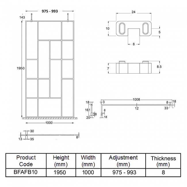 Hudson Reed Abstract Frame Wetroom Screen with Support Bars 1000mm Wide - 8mm Glass