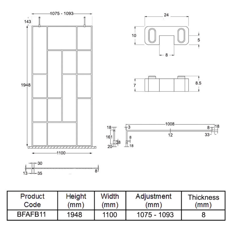 Hudson Reed Abstract Frame Wetroom Screen with Support Bars 1100mm Wide - 8mm Glass