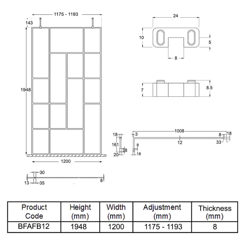 Hudson Reed Abstract Frame Wetroom Screen with Support Bars 1200mm Wide - 8mm Glass