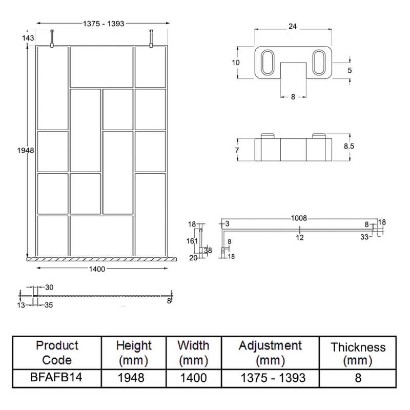 Hudson Reed Abstract Frame Wetroom Screen with Support Bars 1400mm Wide - 8mm Glass