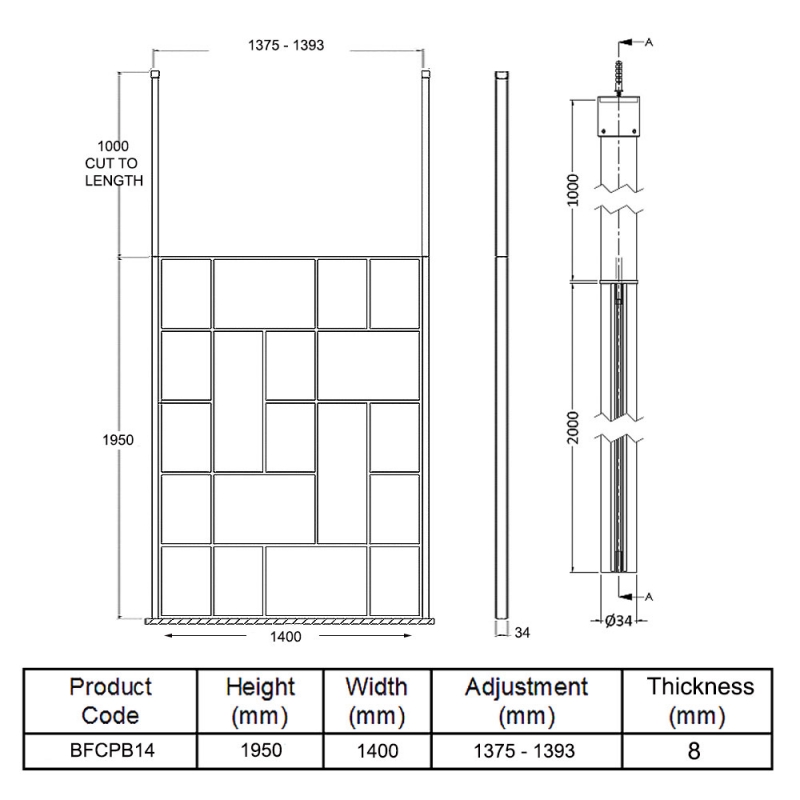 Hudson Reed Abstract Frame Wetroom Screen with Ceiling Posts 1400mm Wide - 8mm Glass
