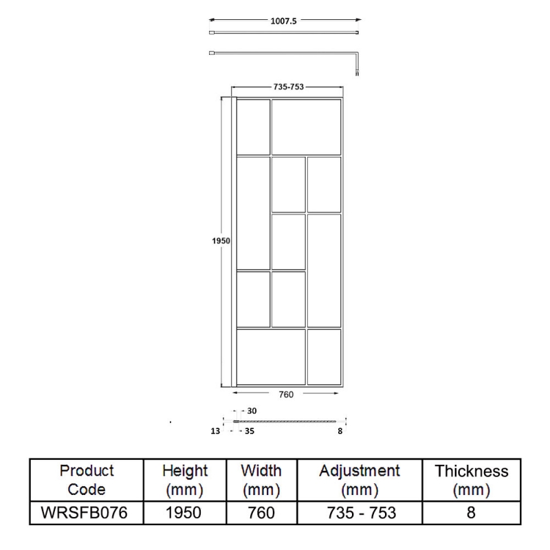 Hudson Reed Abstract Frame Wetroom Screen with Support Bar 760mm Wide - 8mm Glass