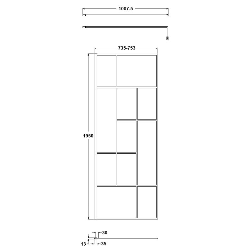 Hudson Reed Abstract Frame Wetroom Screen with Support Bar 760mm Wide - 8mm Glass