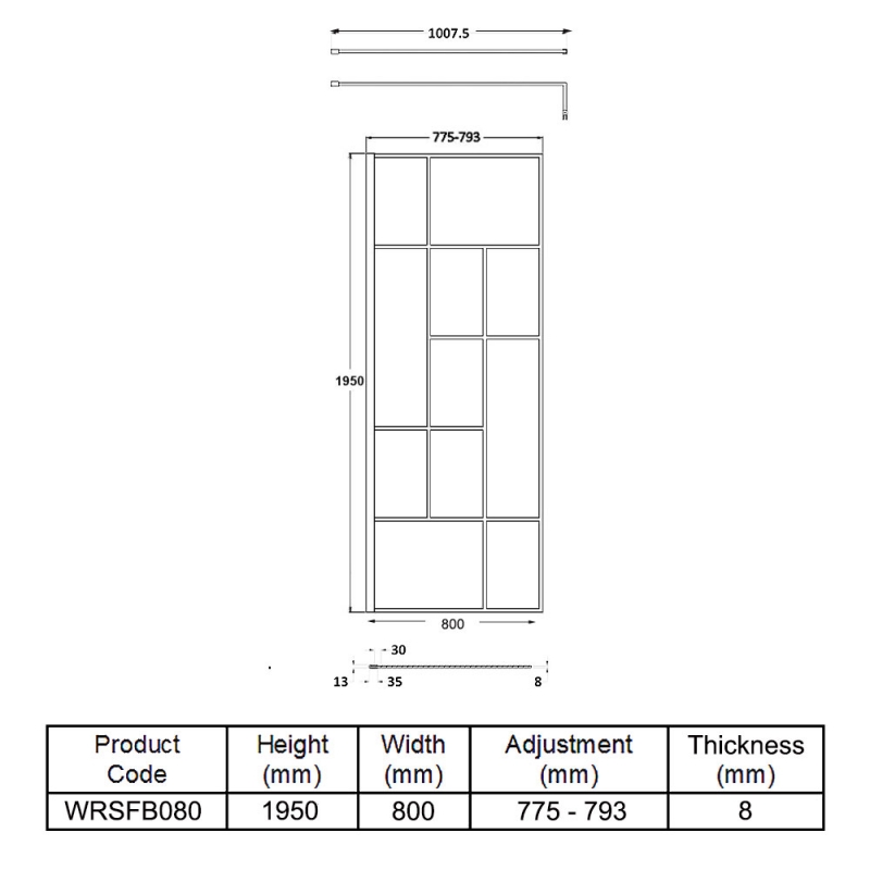 Hudson Reed Abstract Frame Wetroom Screen with Support Bar 800mm Wide - 8mm Glass