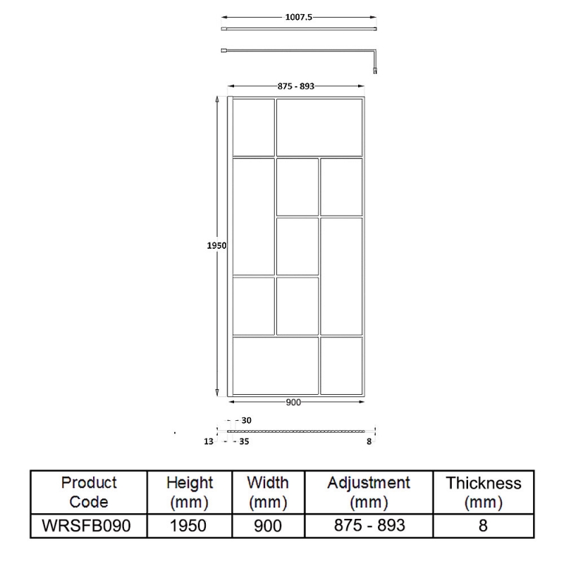 Hudson Reed Abstract Frame Wetroom Screen with Support Bar 900mm Wide - 8mm Glass