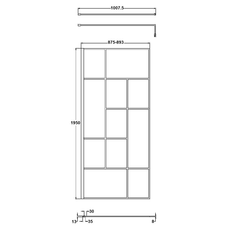 Hudson Reed Abstract Frame Wetroom Screen with Support Bar 900mm Wide - 8mm Glass