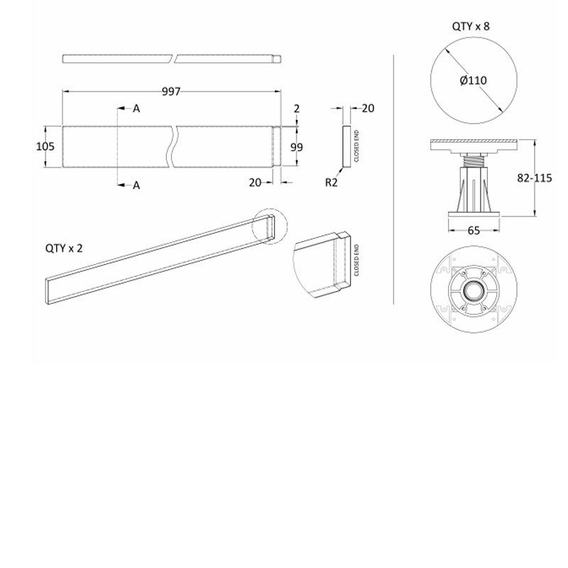 Nuie Shower Tray Riser Kit (105mm High) for 1000mm Square and Rectangular Trays - White