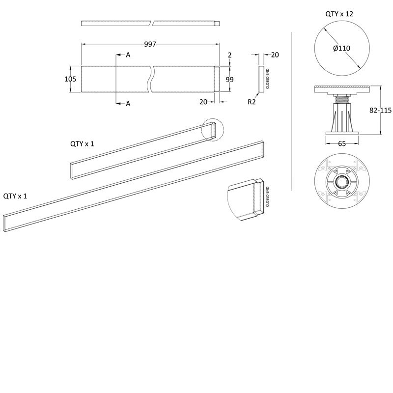 Nuie Tray Leg Set 105mm High for Rectangular and Walk-in Trays for upto 1800mm - Slate Grey