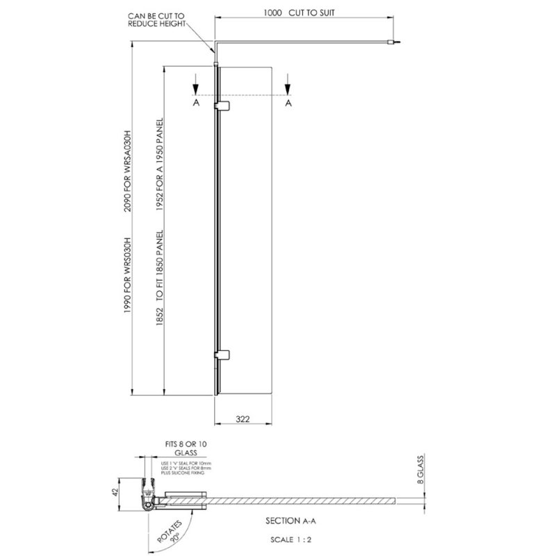 Hudson Reed Black Wet Room Swing Panel 1950mm High x 300mm Wide - 8mm Glass  | Dimension Image