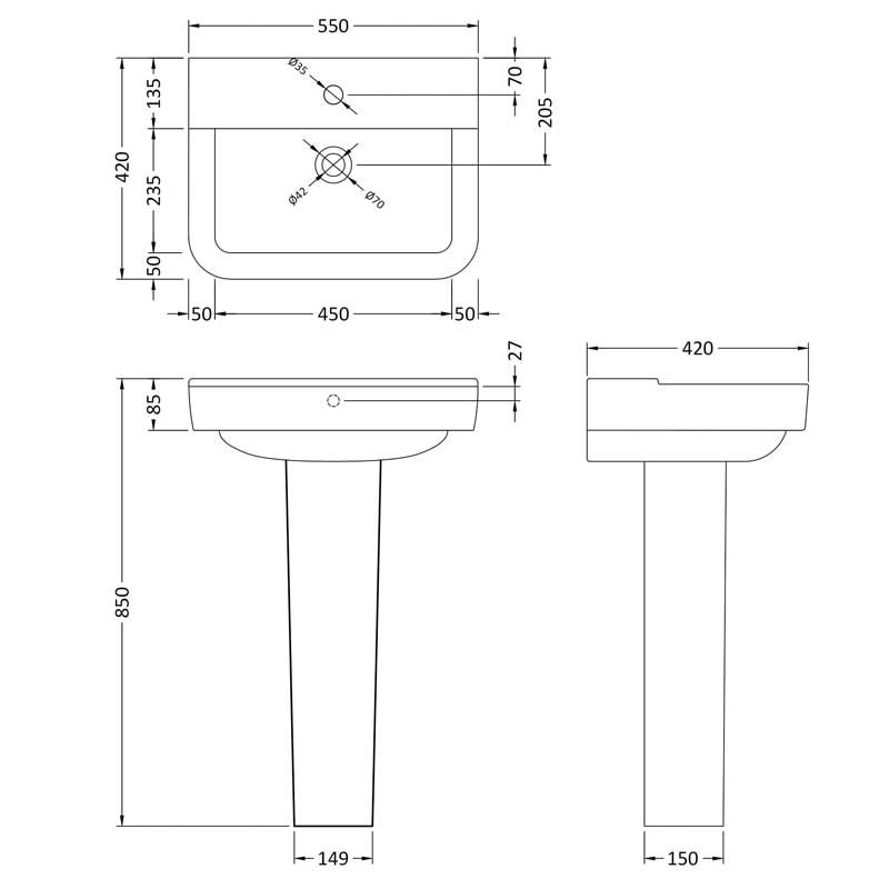Hudson Reed Arlo Basin with Full Pedestal 550mm Wide - 1 Tap Hole  | Dimension Image