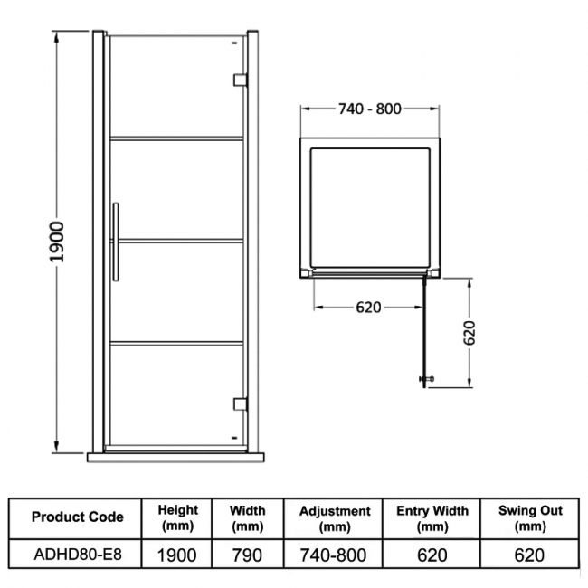 Hudson Reed Apex Black Hinged Shower Door 800mm Wide - 8mm Glass