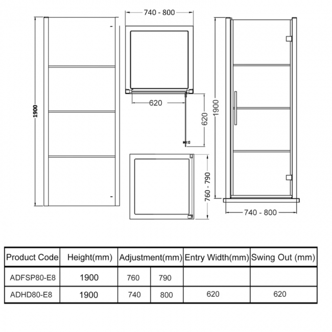 Hudson Reed Apex Black Hinged Door Square Shower Enclosure 800mm x 800mm  | Dimension Image