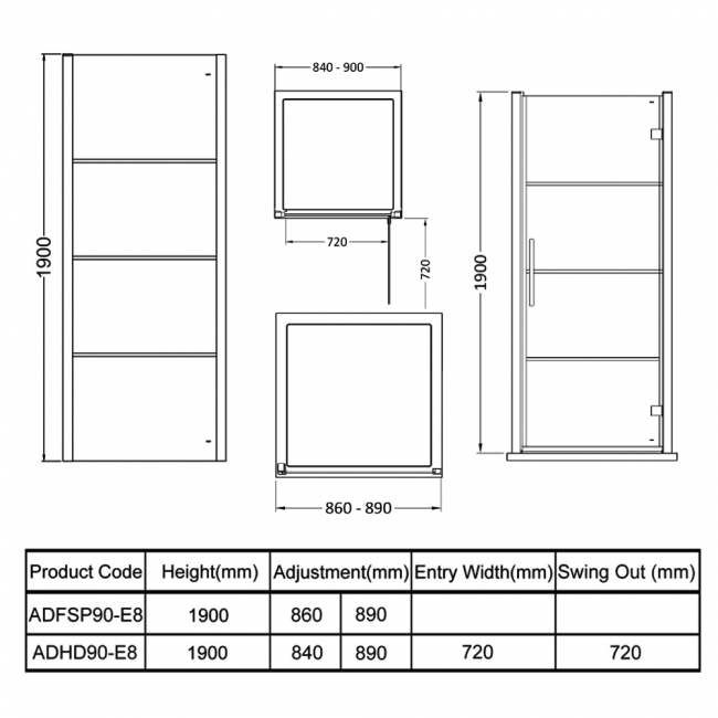 Hudson Reed Apex Black Hinged Door Square Shower Enclosure 900mm x 900mm  | Dimension Image