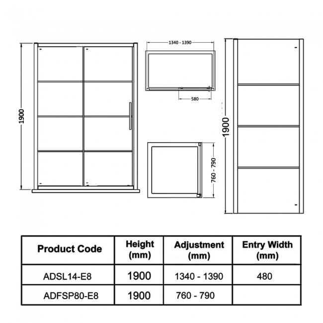 Hudson Reed Apex Black Sliding Door Rectangular Shower Enclosure 1400mm x 800mm  | Dimension Image